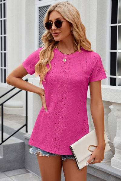 Eyelet Slit Round Neck Short Sleeve T-Shirt - Trendsi - Flyclothing LLC