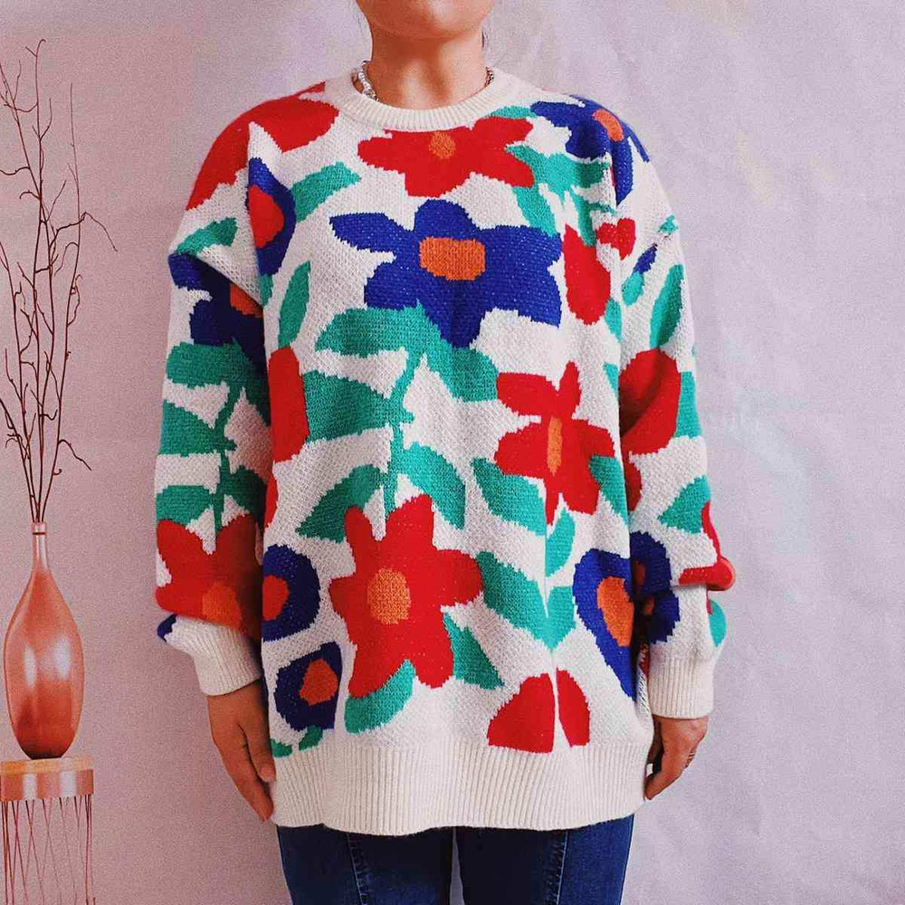 Floral Print Round Neck Drop Shoulder Sweater - Trendsi - Flyclothing LLC