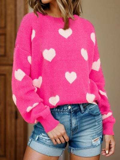 Heart Round Neck Dropped Shoulder Sweater - Trendsi - Flyclothing LLC