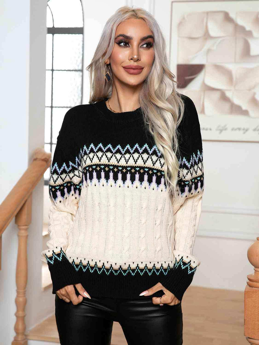 Round Neck Cable-Knit Sweater - Trendsi - Flyclothing LLC