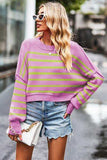Striped Round Neck Drop Shoulder Slit Sweater - Trendsi - Flyclothing LLC