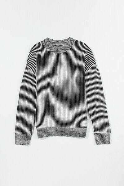 Striped Mock Neck Dropped Shoulder Sweater - Trendsi - Flyclothing LLC