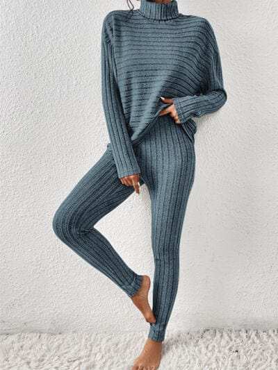 Ribbed Turtleneck Top and Pants Set - Trendsi - Flyclothing LLC