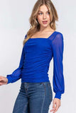 ACTIVE BASIC Square Neck Mesh Long Sleeve Shirring Top - Trendsi - Flyclothing LLC