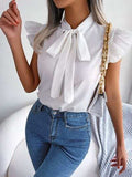 Tie Neck Cap Sleeve Blouse - Trendsi - Flyclothing LLC