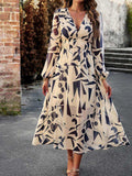 Printed V-Neck Long Sleeve Midi Dress - Trendsi - Flyclothing LLC