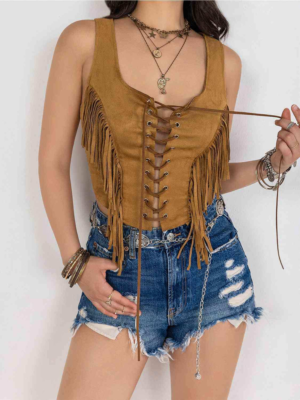 Fringe Lace-Up Vest - Trendsi - Flyclothing LLC