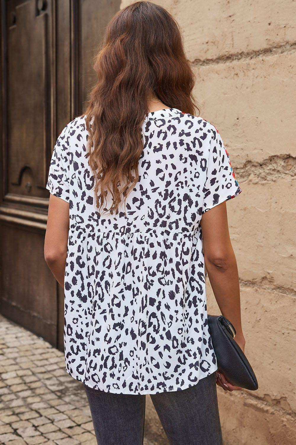 Leopard Tassel Tie Short Sleeve Top - Trendsi - Flyclothing LLC