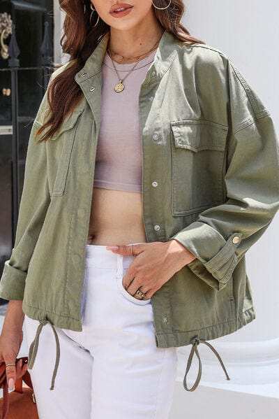 Drawstring Snap Down Dropped Shoulder Denim Jacket - Trendsi - Flyclothing LLC