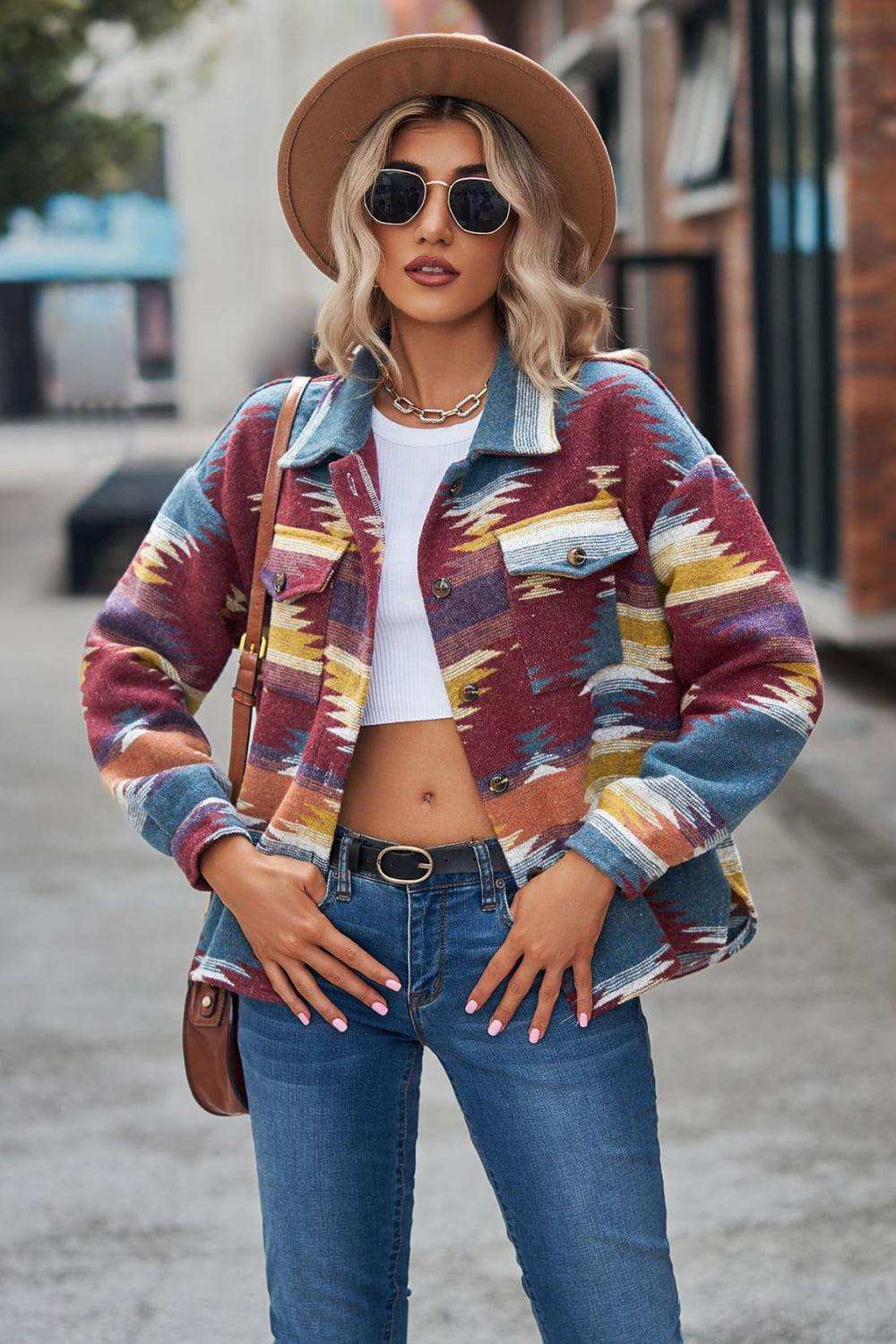 Printed Collared Neck Jacket - Trendsi - Flyclothing LLC