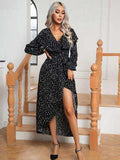 Polka Dot Tie Front Long Sleeve Slit Dress - Trendsi - Flyclothing LLC