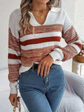 Striped Collared Neck Long Sleeve Sweater - Trendsi - Flyclothing LLC
