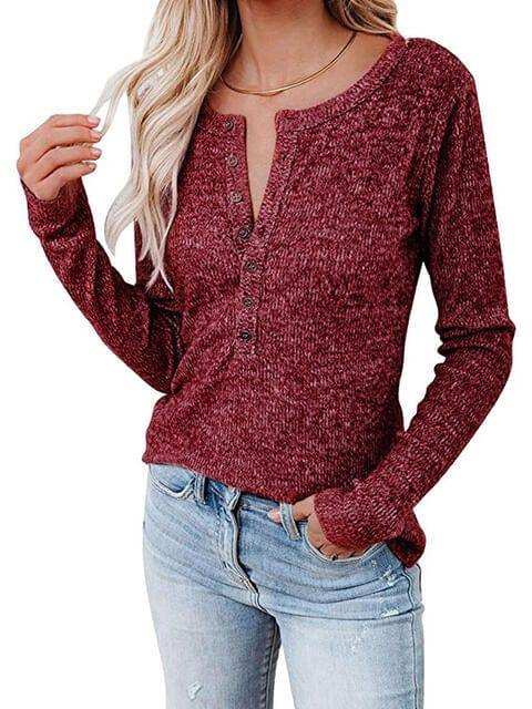 Round Neck Buttoned Long Sleeve T-Shirt - Trendsi - Flyclothing LLC