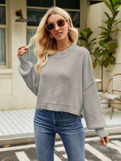 Round Neck Lantern Sleeve Sweater - Trendsi - Flyclothing LLC