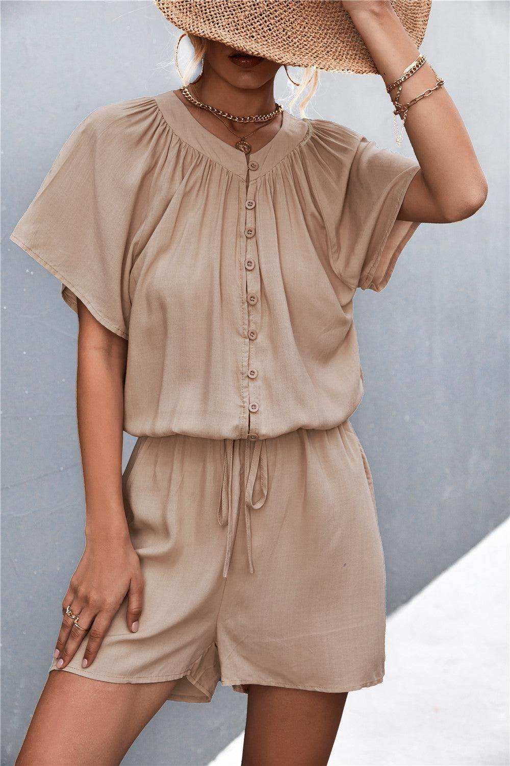 Buttoned Gather Detail Romper - Trendsi - Flyclothing LLC