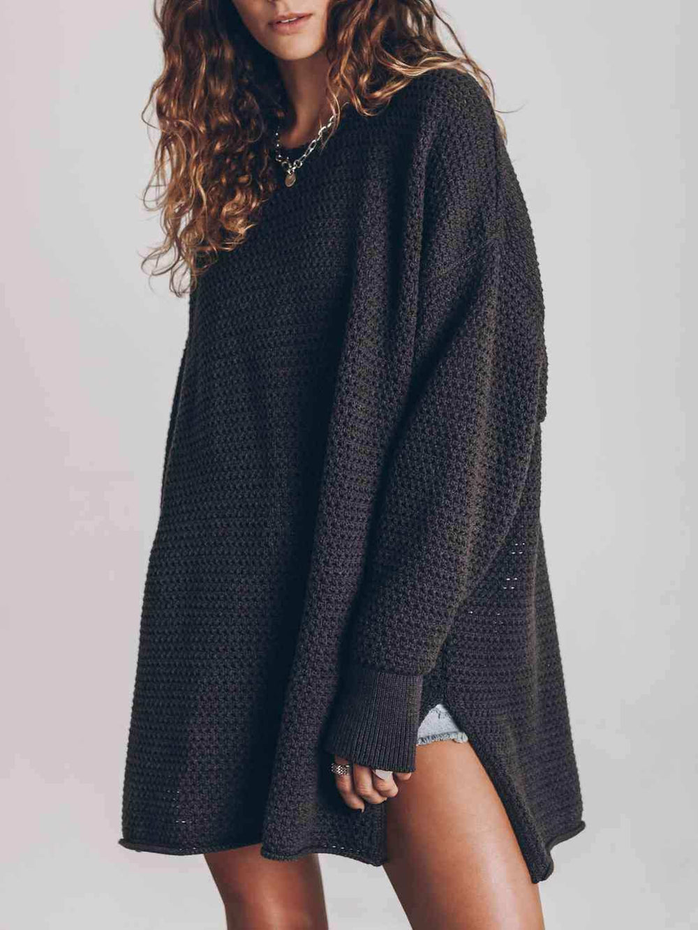 Openwork Round Neck Long Sleeve Slit Sweater - Trendsi - Flyclothing LLC