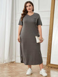 Plus Size Pocketed V-Neck Short Sleeve Lounge Dress - Trendsi - Flyclothing LLC