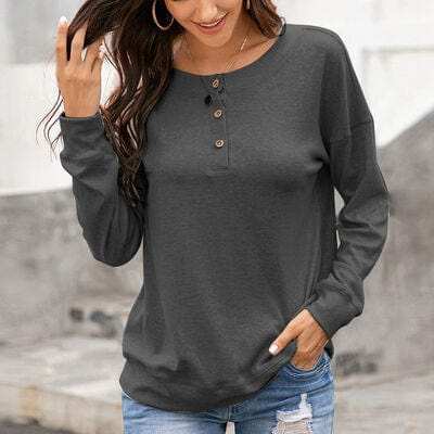 Quarter Button Dropped Shoulder Blouse - Trendsi - Flyclothing LLC