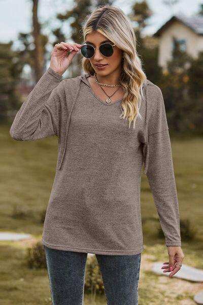 Drawstring Dropped Shoulder Hooded T-Shirt - Trendsi - Flyclothing LLC