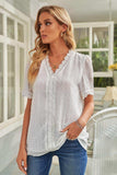 Swiss Dot Lace Trim Plunge Blouse - Trendsi - Flyclothing LLC