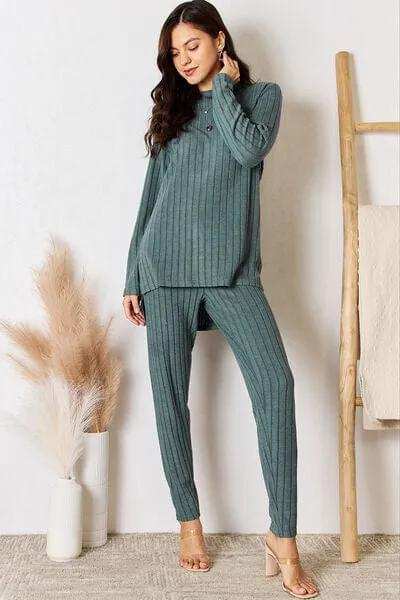 Basic Bae Full Size Ribbed Round Neck High-Low Slit Top and Pants Set - Trendsi - Flyclothing LLC