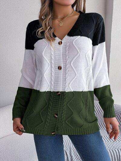 Cable-Knit Striped Button Up Cardigan - Trendsi - Flyclothing LLC