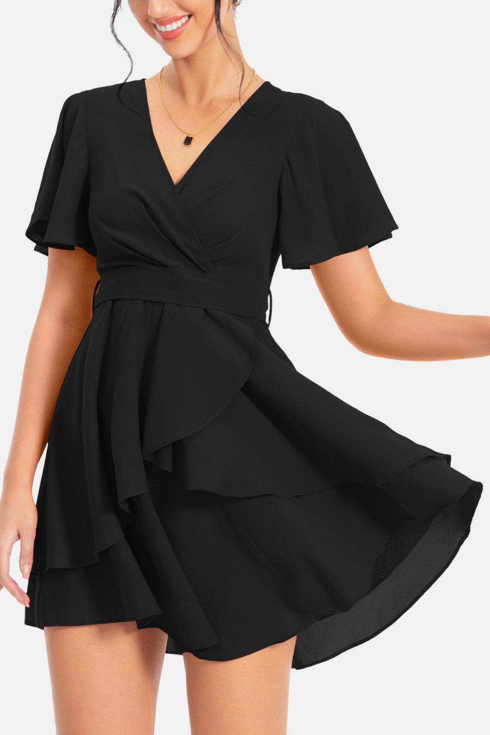Surplice Neck Flutter Sleeve Dress - Trendsi - Flyclothing LLC