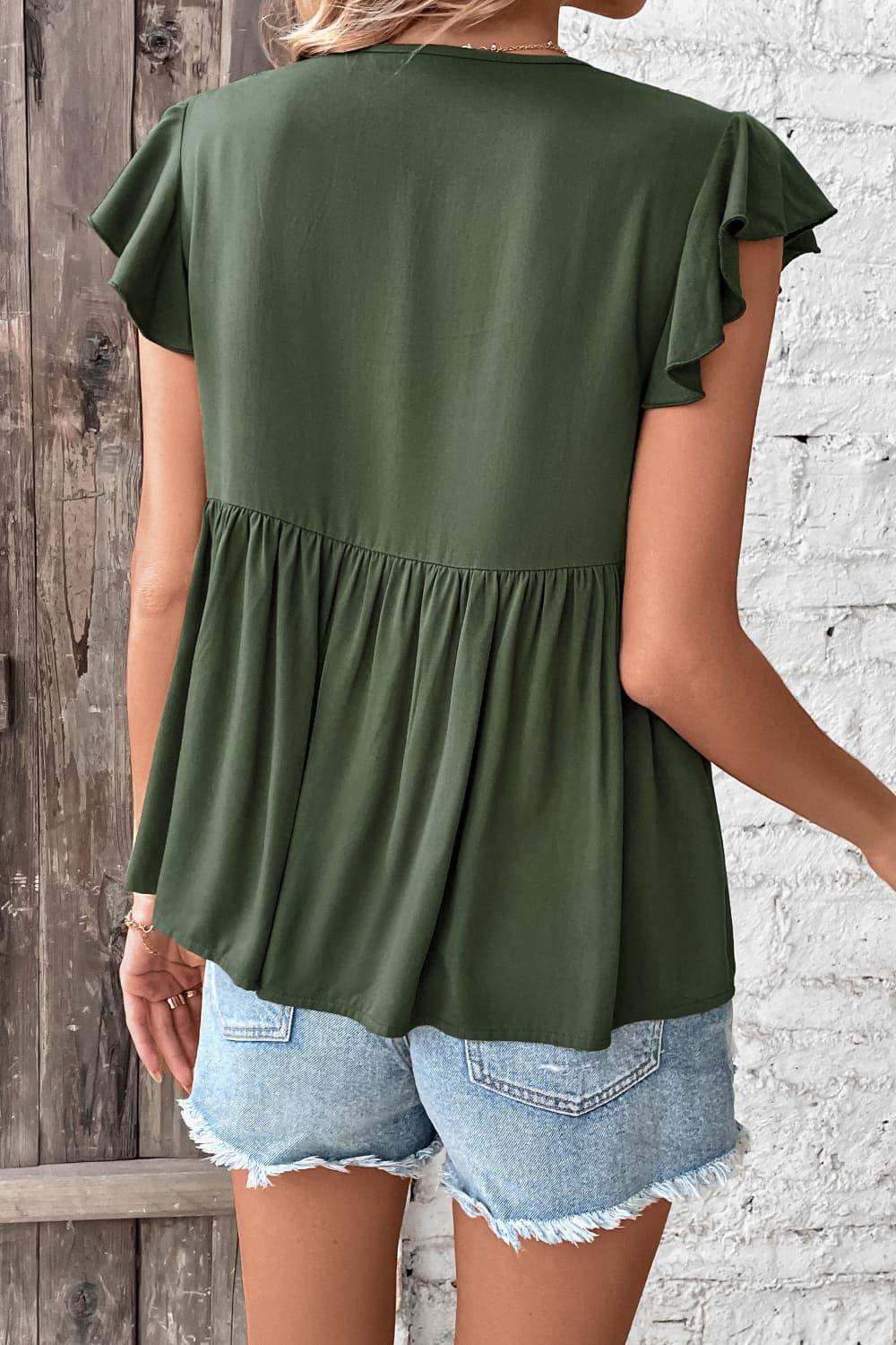 Buttoned Tie Neck Flutter Sleeve Babydoll Top - Trendsi - Flyclothing LLC