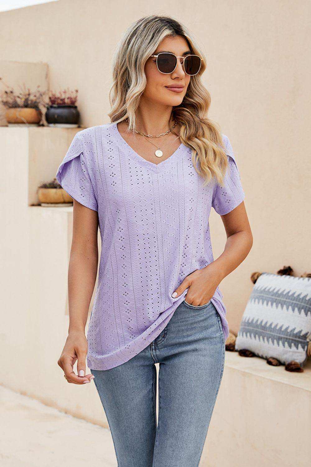 Eyelet Petal Sleeve V-Neck Knit Top - Trendsi - Flyclothing LLC