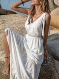 V-Neck Tie Shoulder Crochet Maxi Dress - Trendsi - Flyclothing LLC