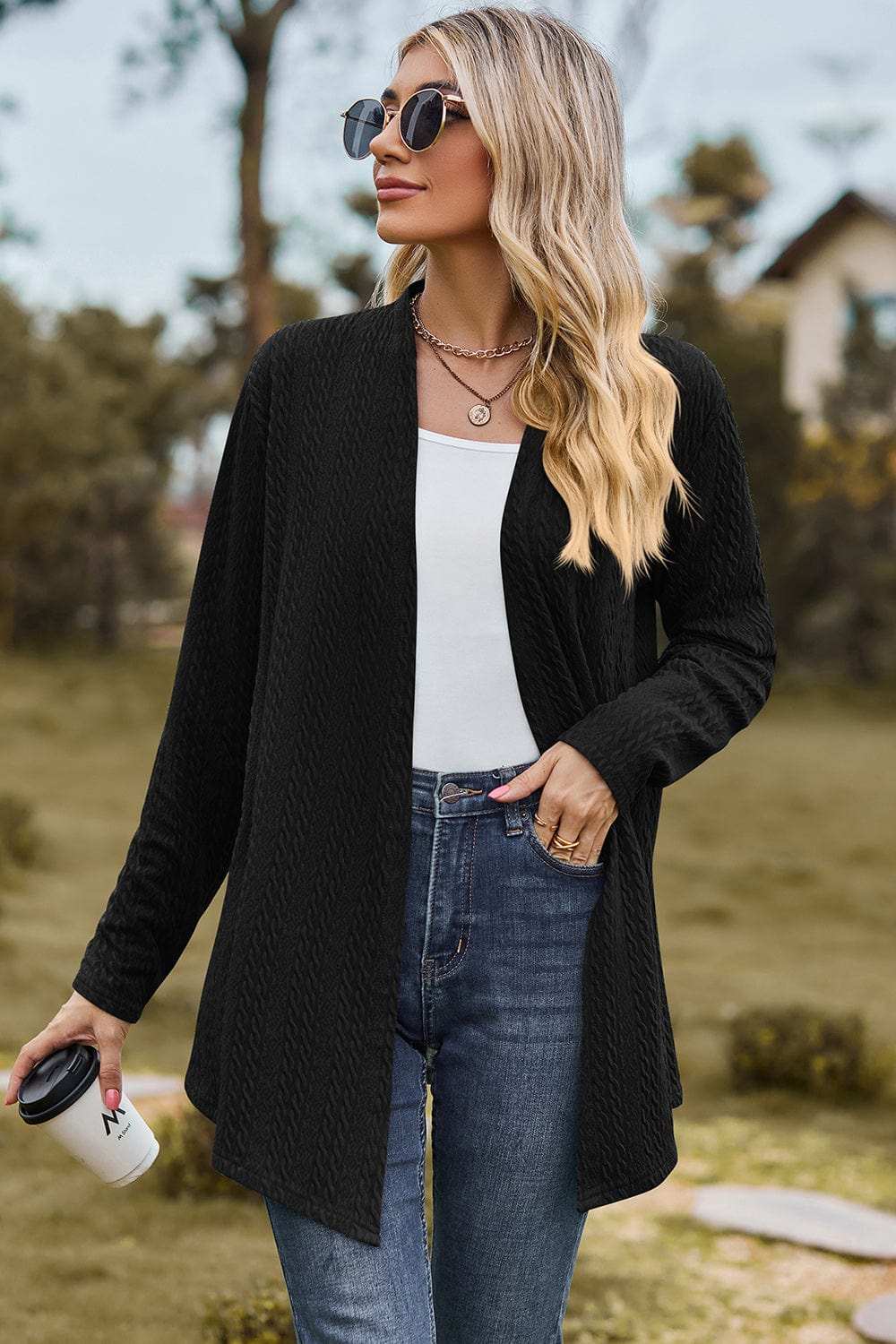 Textured Open Front Long Sleeve Cardigan - Trendsi - Flyclothing LLC