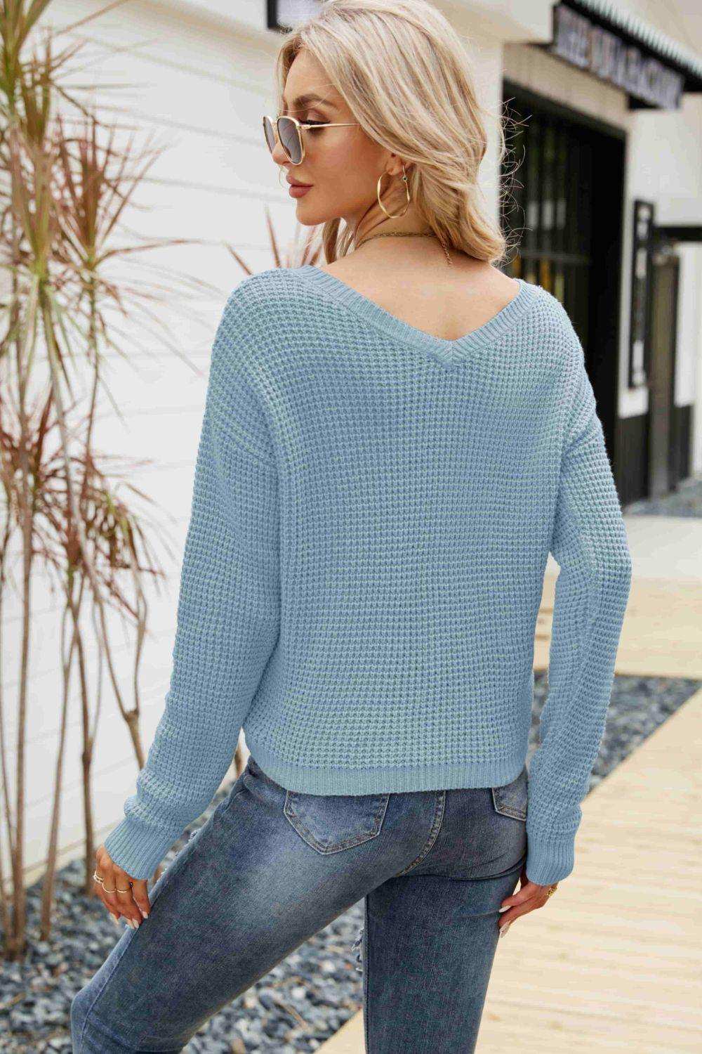 Waffle-Knit Drawstring Detail V-Neck Sweater - Trendsi - Flyclothing LLC