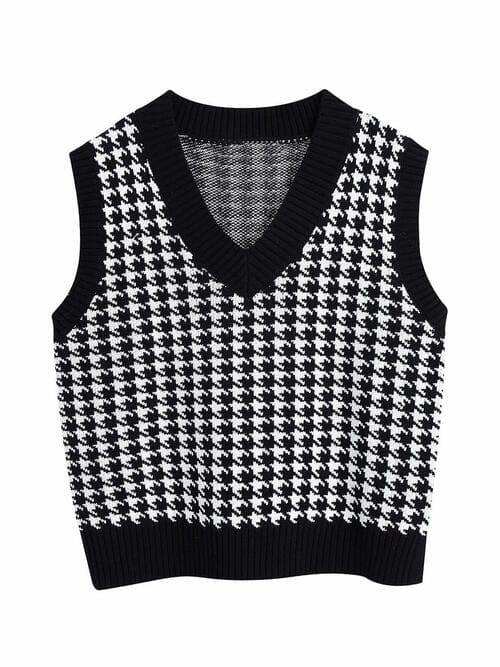 Houndstooth V-Neck Sweater Vet - Trendsi - Flyclothing LLC