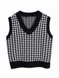 Houndstooth V-Neck Sweater Vet - Trendsi - Flyclothing LLC