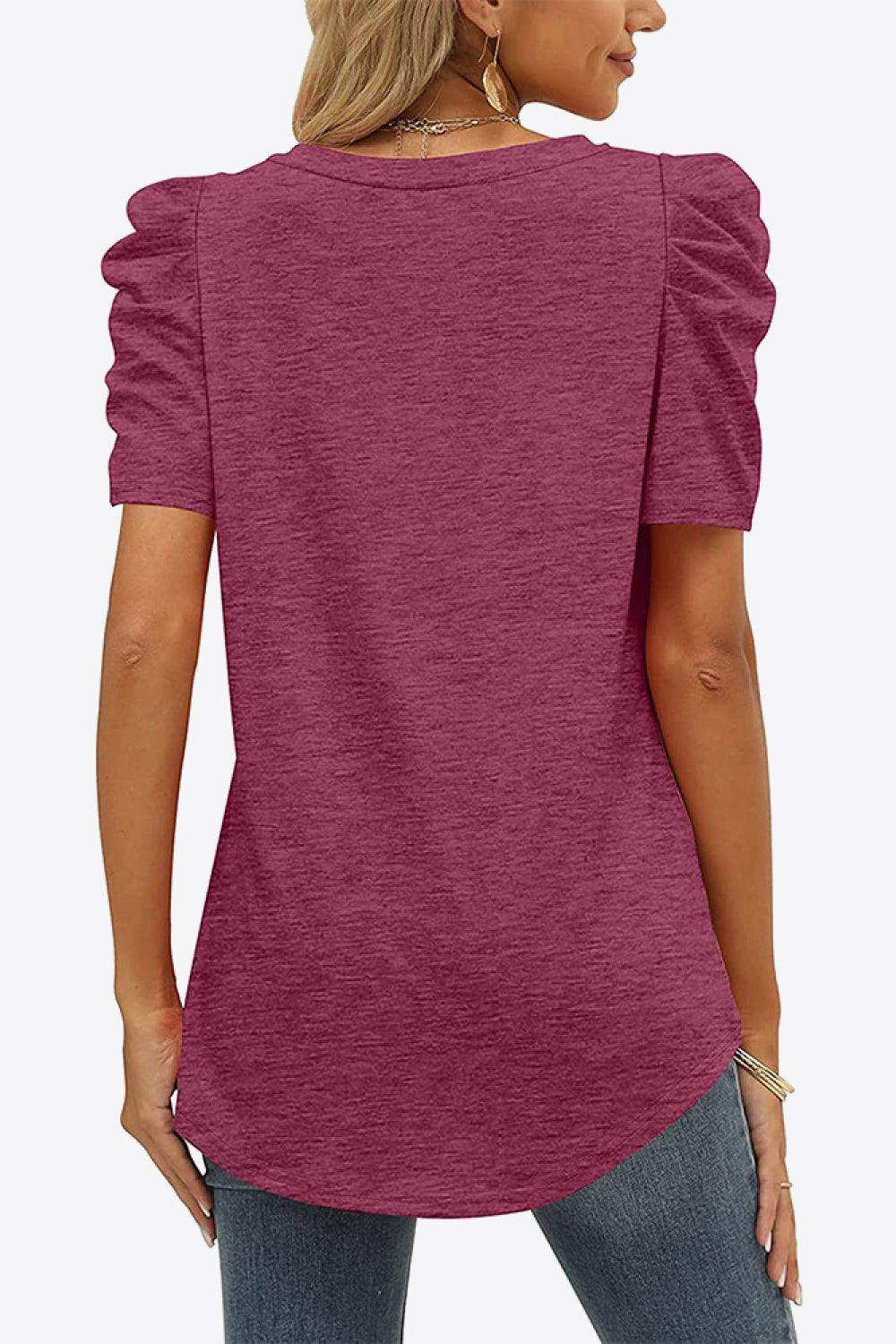 V-Neck Puff Sleeve Tee - Trendsi - Flyclothing LLC