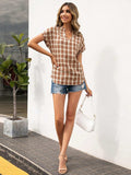 Plaid Notched Short Sleeve Blouse - Trendsi - Flyclothing LLC