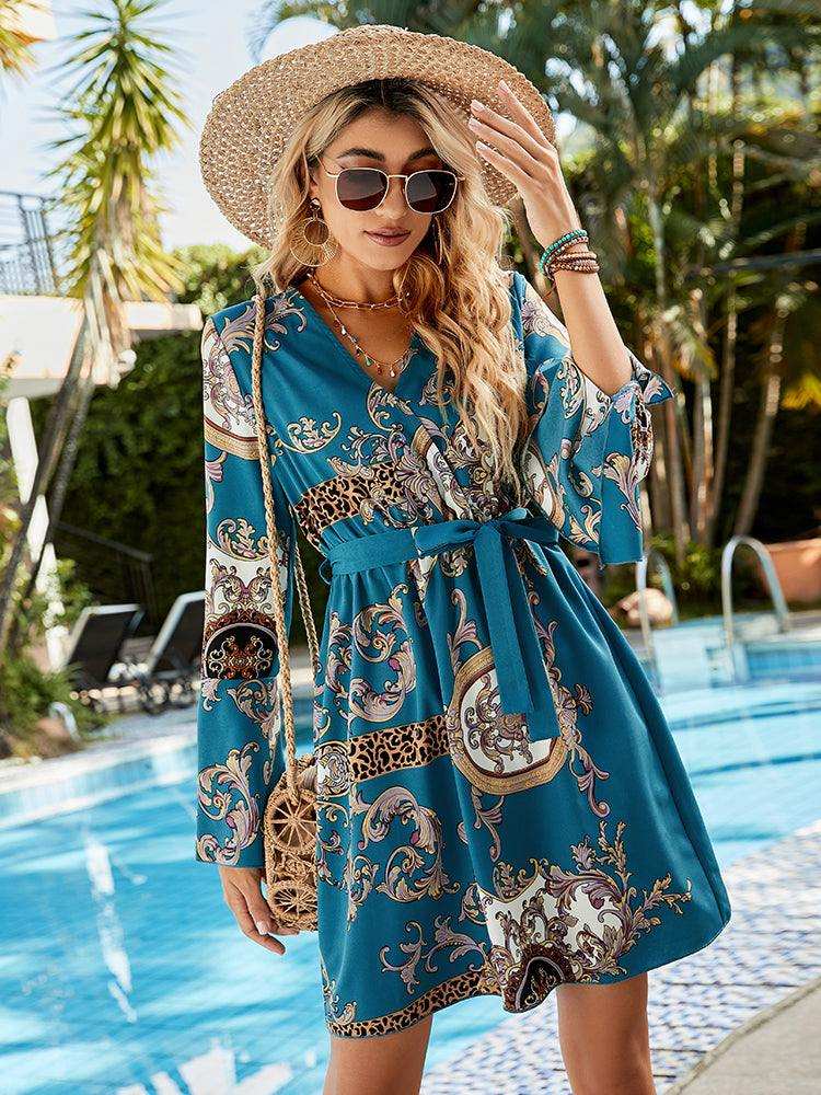 Printed Tie Belt Slit Flare Sleeve Dress - Trendsi - Flyclothing LLC