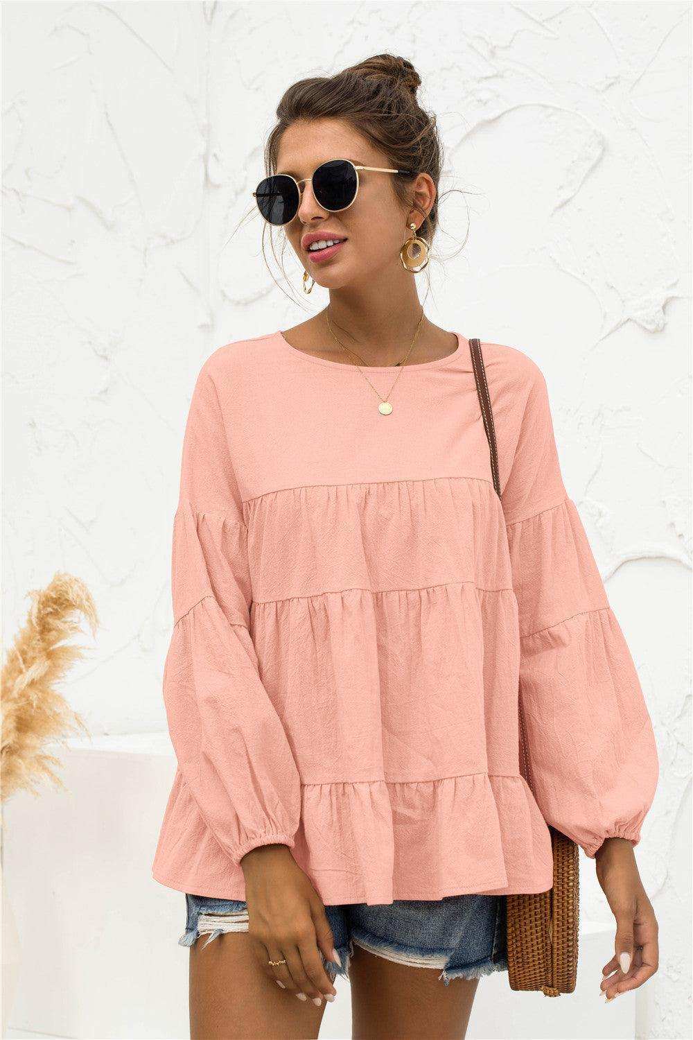 Round Neck Bubble Sleeve Tiered Blouse - Trendsi - Flyclothing LLC