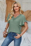 Eyelet Applique V-Neck Cap Sleeve T-Shirt - Trendsi - Flyclothing LLC