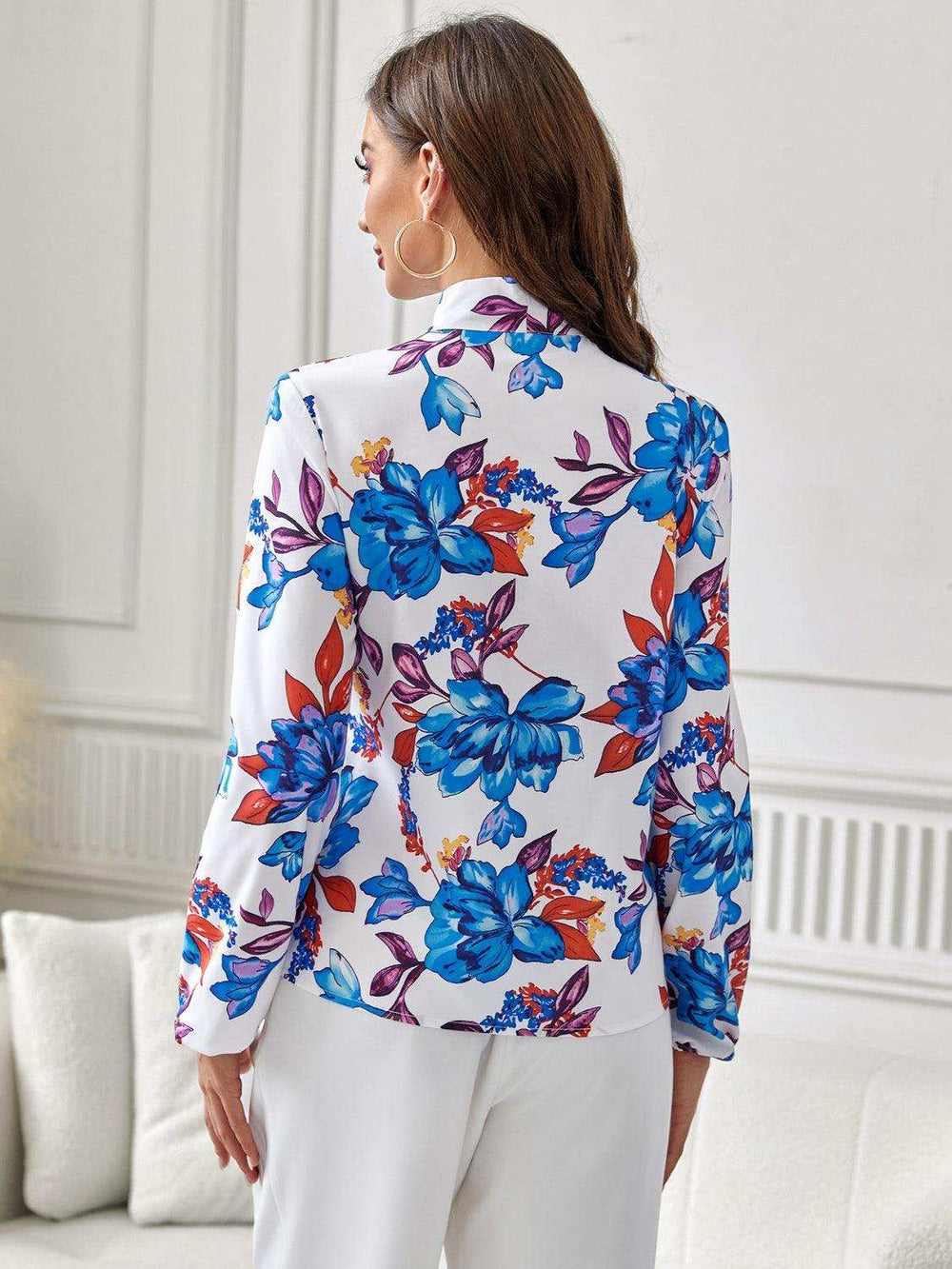 Floral Tie Neck Long Sleeve Blouse - Trendsi - Flyclothing LLC