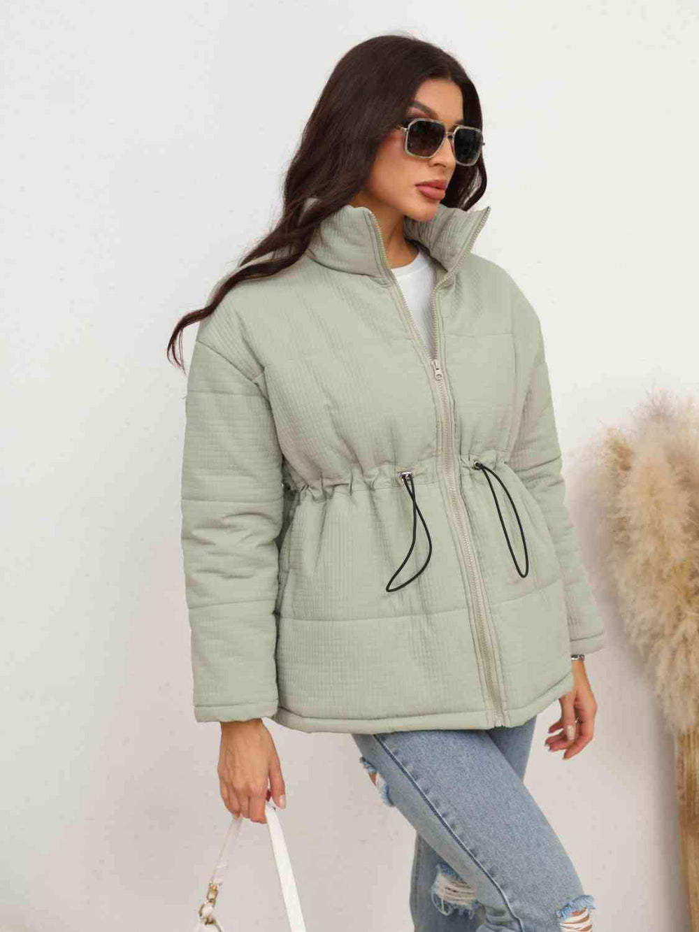 Drawstring Waist Zip-Up Puffer Jacket - Trendsi - Flyclothing LLC