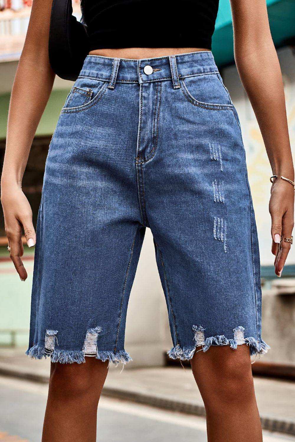 Raw Hem High Waist Denim Shorts with Pockets - Trendsi - Flyclothing LLC