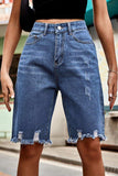 Raw Hem High Waist Denim Shorts with Pockets - Trendsi - Flyclothing LLC