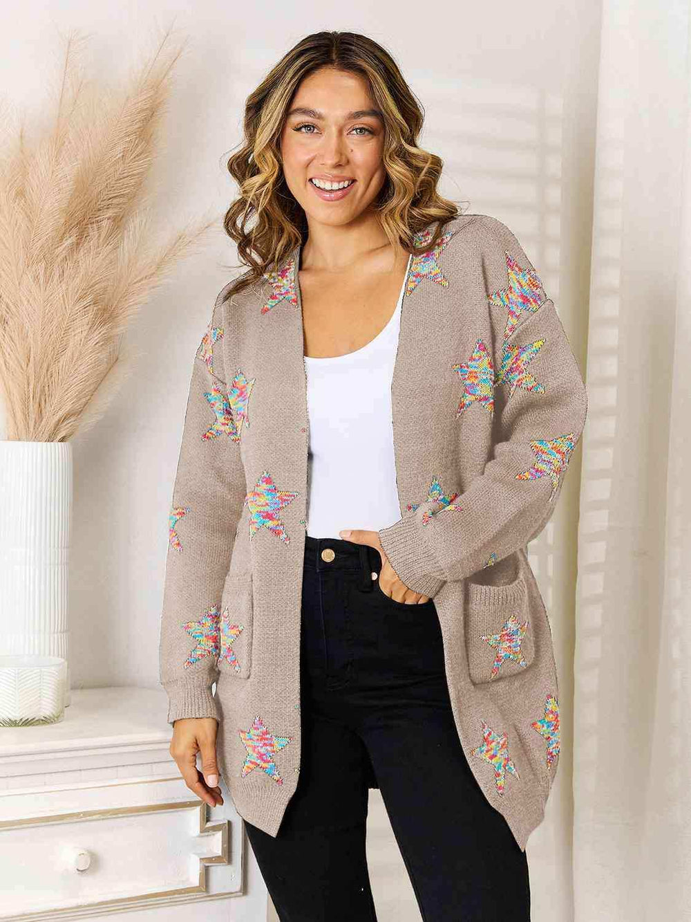 Star Pattern Open Front Cardigan with Pockets - Trendsi - Flyclothing LLC