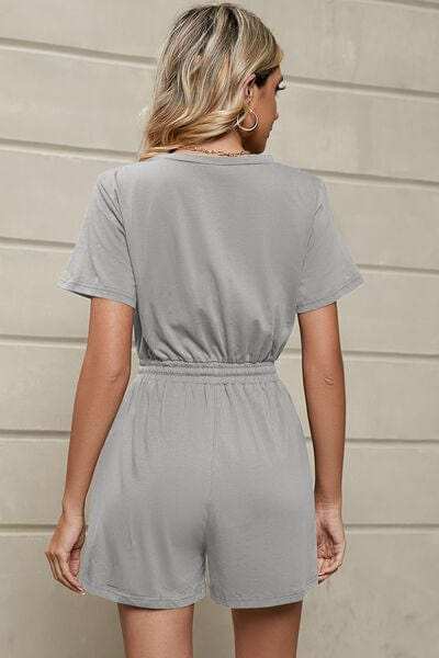 Drawstring Half Button Short Sleeve Romper - Trendsi - Flyclothing LLC