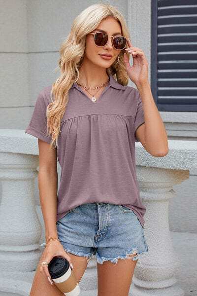 Ruched Johnny Collar Short Sleeve Blouse - Trendsi - Flyclothing LLC