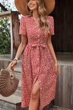 Ditsy Floral Button Front Tied Puff Sleeve Dress - Trendsi - Flyclothing LLC