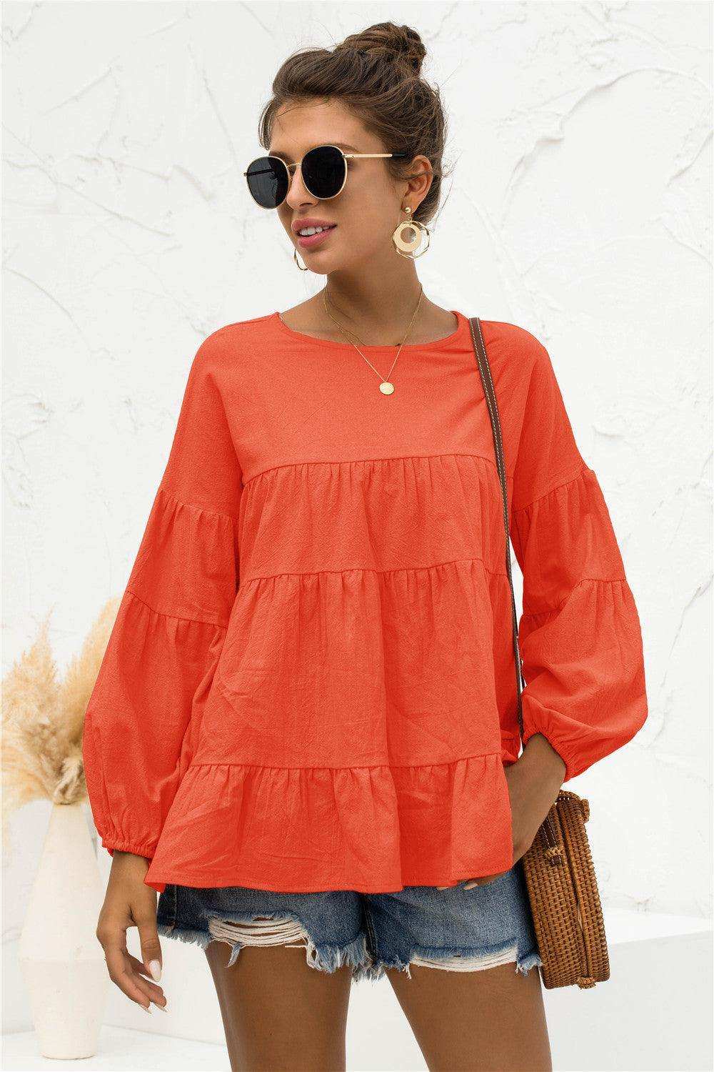Round Neck Bubble Sleeve Tiered Blouse - Trendsi - Flyclothing LLC