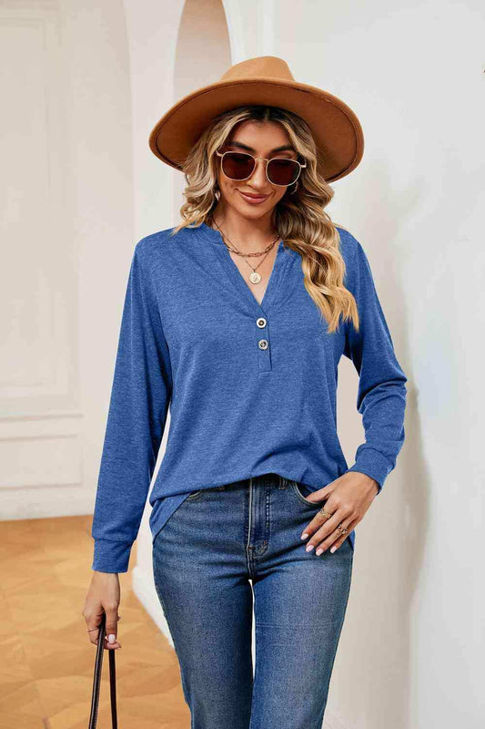 Buttoned Notched Neck Long Sleeve Top - Trendsi - Flyclothing LLC
