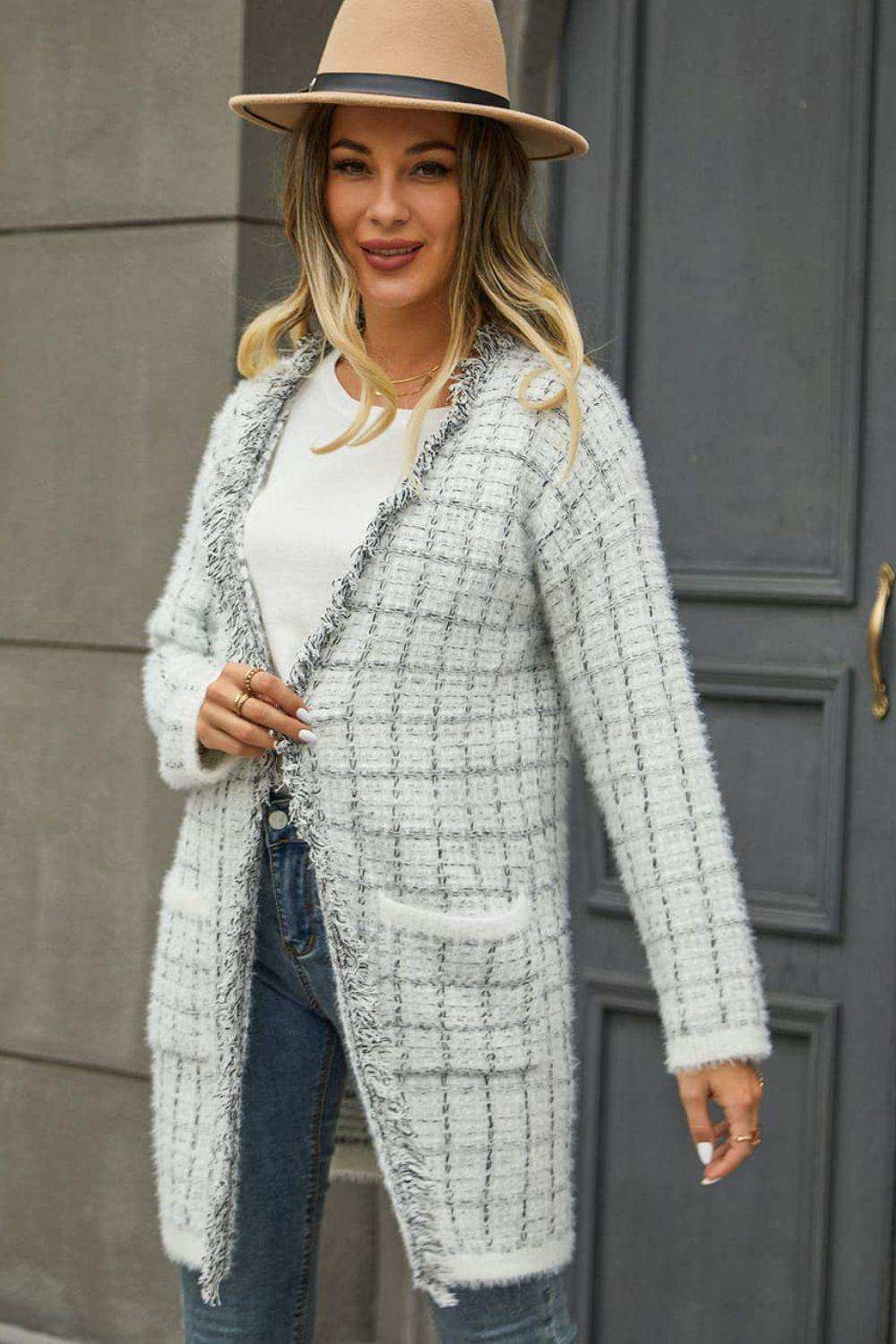 Plaid Fringe Trim Open Front Longline Cardigan - Trendsi - Flyclothing LLC
